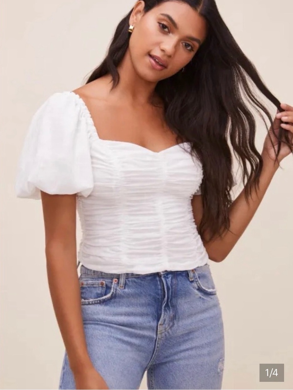 Astr White Ruched Puff Sleeve Sweetheart Blouse